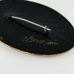 Artisan Hand Painted Floral Oval Brooch Vintage Signed 1961 Wooden Pin Photo 3