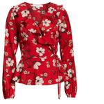 Nordstrom LYDELLE for Women's Red/White Floral Surplice Ruffle Wrap Blouse sz S Photo 1