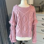Pink Lily Sweater  Cable Knit Boho Fringe Chunky Womens Small Rose Photo 3