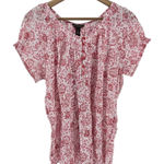 Bit & Bridle Top XL Red Floral Button Smocked Pleats gauzy romantic Photo 0