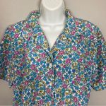 Vintage Blouse Floral‎ Medium Blue Pink White Button Photo 2