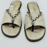 Brighton  Ivory Leather Slides Sandals Metallic Braiding Sz 7.5 Flats Olive Beach Photo 0