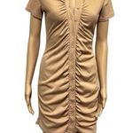 Lyaner Tan Ruched Bodycon Ribbed V Neck Button Front Short Sleeve Mini Dress M Size M Photo 2