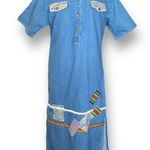 Vintage Denim Dress Button Front Medium Wash Short Sleeve Custom Lace OOAK Blue Size L Photo 9