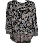 Lucky Brand Split Neck Henley Hi-Lo Boho Top Womens Size L Floral Paisley Black Photo 0