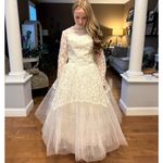 Vintage 60s Lace High Neck Wedding Gown w/ Tulle Skirt ILGWU USA small White Photo 11