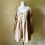 Bali Elf NEW Chloie Empire Waist Linen Mini Dress Puff Sleeve Weekend Beige XL Tan Photo 8