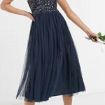 New! Maya halterneck midi tulle dress‎ tonal delicate sequin navy size 2 Blue Photo 0