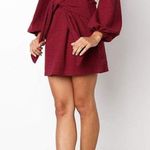 Women's 2024 Elegant Long Lantern Sleeve Short Dress Tie Waist Crewneck Knit Cocktail Dress Red Photo 1
