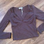 Qinsen Brown Fitted Crop Blouse Longsleeve size large Photo 0