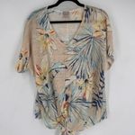 Chico's  Women's Linen Blend Tropical Print Tie Front V-Neck Top Tan Blue Sz 3 XL Photo 5
