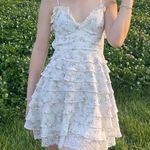 Korean Kawaii Cream Beige Chiffon Floral Y2K Ruffle Tiered Backless Mini Dress Size 0 Photo 5
