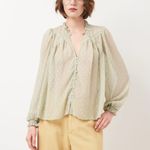 ZARA Green Sheer Ruffled Polka Dot Blouse Balloon Long Sleeve Size SMALL Photo 14