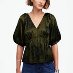 Madewell Blouse Shirred Puff-Sleeve Top in Satin Mossy Umber Floral XS NWT New Photo 0