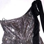 Geisha Designs Sequin One Shoulder Black Velvet Bow Mini cocktail party Dress Silver Size 14 Photo 3