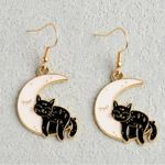 The Moon Exquisite Enamel Black Cat Design Dangle Earrings Photo 1