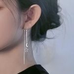 Silver Moon Star Threader Long Tassel Earring Chain, Drop Dangle Woman Earrings Photo 3