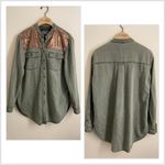 Anthropologie Sequin Shoulder Utility Shirt Jacket Olive Green Button Down XS Photo 1
