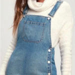 Free People Louise Denim Bib Skirtall Overall Mini Skirt Dress Snap Side Size 8 Photo 0