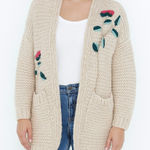 Alya  Floral Chunky Knit Sweater Cardigan Embroidered Flowers in Cream Size S Photo 0