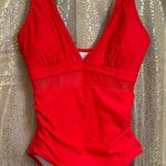 Lipstick Red Bright Cherry Mesh Plunge One Piece Swimsuit Medium Photo 0