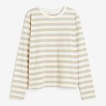 H&M  long sleeve tee beige striped cotton jersey top cropped crewneck neutral Photo 0