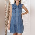 Sleeveless Denim High Waist Button front Dress Tiered Skirt Boho Western Medium Blue Photo 7