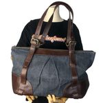 Burberry BLUE LABEL Denim Top Zip Shoulder Bag w/ Adj Brown Leather Straps RARE Photo 1