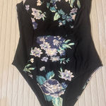 Cupshe Black Floral Print Padded Strapless One Piece Swimsuit medium new w/tag Photo 0