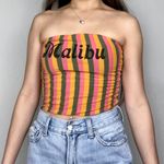 Mighty fine Green, Pink, & Yellow/Orange Striped “Malibu” Cropped Strapless Tube-Top Photo 1