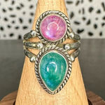Sterling Silver Pink and Green Moonstone Two Stone Triple Band Ring Size 7 Photo 0
