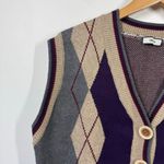 Menlo Sweater Vest Women Tan Dark Purple Argyle Cropped Large Button Academia Photo 3