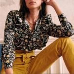 Sézane Sezane Roby navy blue Yellow Ruffle Floral Long Sleeve Blouse button up top Photo 6