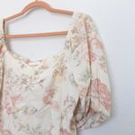 H&M Womens Top Size M Beige Pink Linen Floral Puff Sleeve Cottage Milkmaid Coquette Photo 4