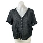 Madewell  Eyelet Village Black Ruffled Short Sleeve Button Up Shirt Blouse Top S Photo 0