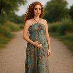 Maternal America Womens Dress Size XL Teal Brown Paisley Halter Maternity NEW Photo 1