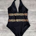 Cupshe Midnight Leopard Halter One Piece Swimsuit NEW Womens M Black V Neck Photo 0