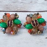 Vintage Clip On Earrings Green, Orange, Gold Tone, Red Cluster Stamped Germany Photo 0