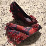 Tory Burch Tory‎ Burch Floral Satin Elmira Wedge Heels Red Navy Flower Embellished Size 7M Photo 5