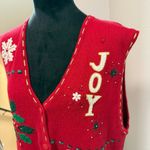 Vintage Bobbie Brooks Ugly Christmas Sweater Vest Noel Holly Knit Button Down XL Red Photo 3