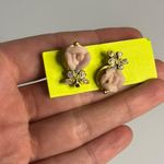 Vintage Pink Porcelain Rose & Rhinestone Drop Earrings – Gold Tone, Set of 2, 1" Photo 1