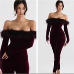 House Of CB Salima Feather Trim Off The Shoulder Long Sleeve Velvet Jumpsuit Photo 4