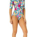 Anne cole Amalfi Floral Half Zip Front Rash Guard One Piece Swimsuit Size 16 NWT Photo 2