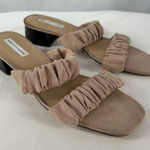 Saks 5th Avenue Saks Fifth Avenue Suede Elastic Strap Square Toe Heeled‎ Sandal in Nude Size 10 Photo 0