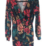 SheIn  Faux Wrap Mini Dress Long Sleeve V Neck Floral Navy Blue Red Beige M Photo 0