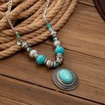 Western Cowboy Style Oval Geometric Design Mixed Bead Statement Pendant Necklace Blue Photo 5