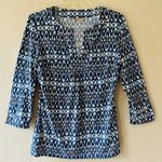 Ellie Kai Sz M Split V Neck Elbow Sleeves Pullover Stretch Blue White Blouse Top Size M Photo 0