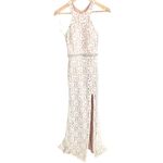 Elegant White Halter Floral Lace Gown Slit Embellished Waist Size 0 Slit Formal Photo 1