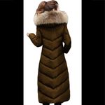 Brown Green Long Duck Down Fur Collar Coat, Sz. S Photo 2