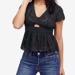 Free People New! Cutout Eyelet Black Top With Peplum Short Sleeve Size Small Photo 0